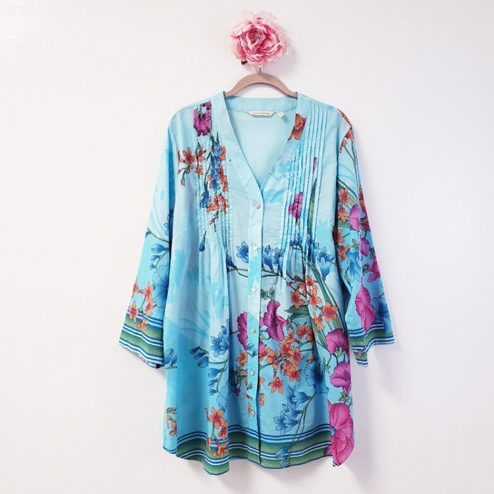 Soft Surroundings Aqua Blue Floral Button-Front Tunic